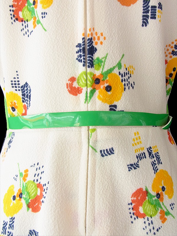 ヨーロッパ古着 フランス買い付け 60年代製 クリーム X ライムグリーン 生地切り返し 花柄プリント ベルト付き ワンピース 16FC200