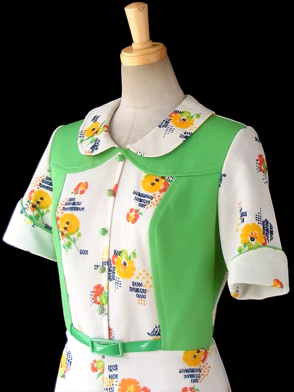 ヨーロッパ古着 フランス買い付け 60年代製 クリーム X ライムグリーン 生地切り返し 花柄プリント ベルト付き ワンピース 16FC200