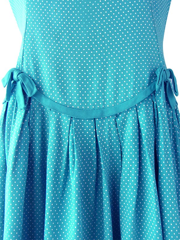 ヨーロッパ古着 フランス買い付け 60年代製 水色 X ホワイト ピンドット リボン付き ヴィンテージ ワンピース 16FC202