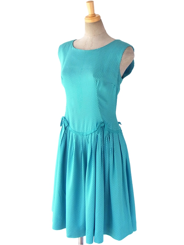 ヨーロッパ古着 フランス買い付け 60年代製 水色 X ホワイト ピンドット リボン付き ヴィンテージ ワンピース 16FC202