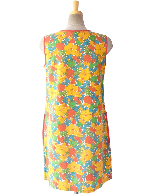 ヨーロッパ古着 フランス買い付け 60年代製 レッド X カラフル花柄 フロントジップ レトロ ワンピース 16FC204