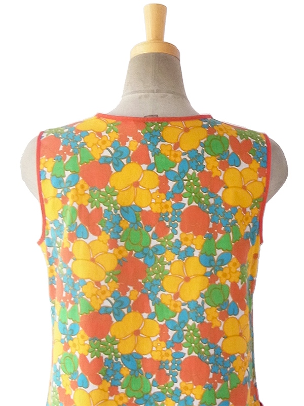 ヨーロッパ古着 フランス買い付け 60年代製 レッド X カラフル花柄 フロントジップ レトロ ワンピース 16FC204