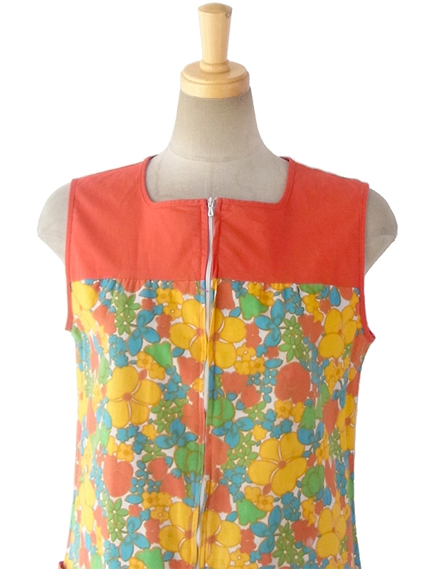 ヨーロッパ古着 フランス買い付け 60年代製 レッド X カラフル花柄 フロントジップ レトロ ワンピース 16FC204