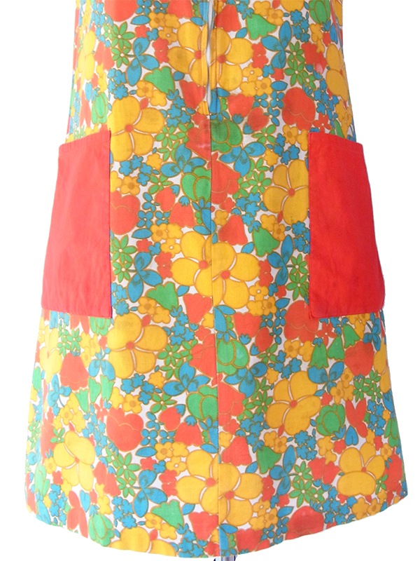 ヨーロッパ古着 フランス買い付け 60年代製 レッド X カラフル花柄 フロントジップ レトロ ワンピース 16FC204