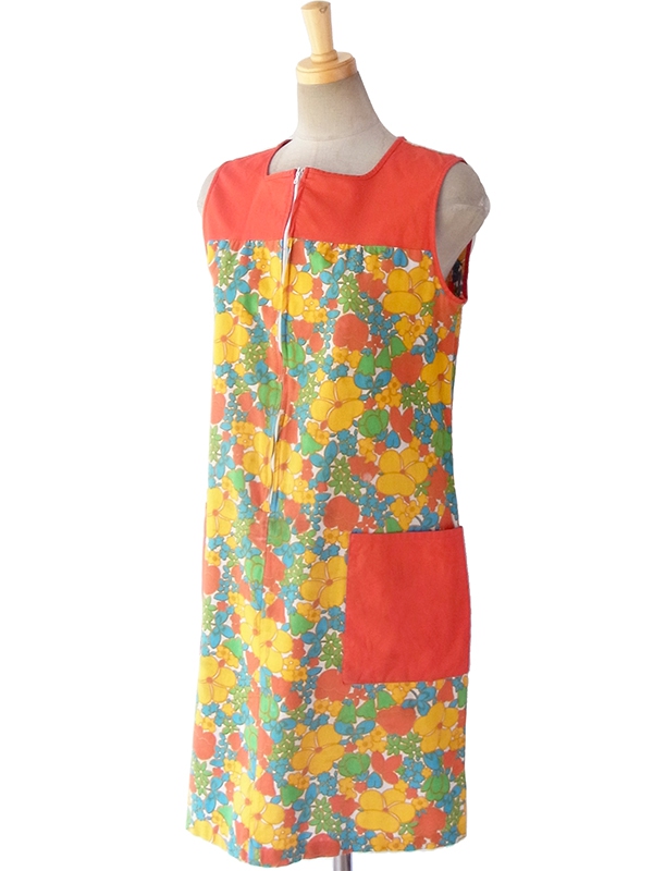 ヨーロッパ古着 フランス買い付け 60年代製 レッド X カラフル花柄 フロントジップ レトロ ワンピース 16FC204