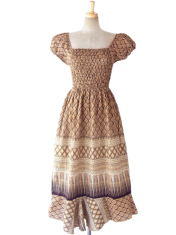 ヨーロッパ古着 フランス買い付け 60年代製 イエロー X ブラウン オリエンタル柄 パフスリーブ シャーリング ワンピース 16FC216