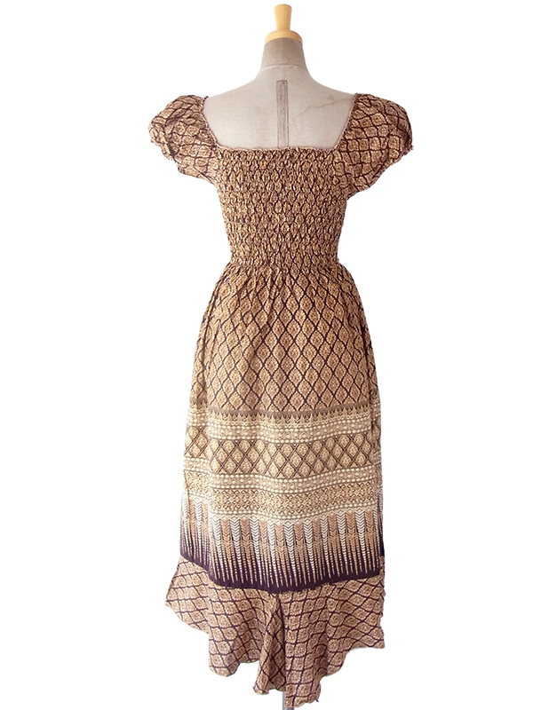 ヨーロッパ古着 フランス買い付け 60年代製 イエロー X ブラウン オリエンタル柄 パフスリーブ シャーリング ワンピース 16FC216