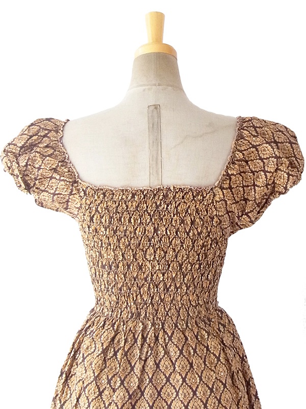 ヨーロッパ古着 フランス買い付け 60年代製 イエロー X ブラウン オリエンタル柄 パフスリーブ シャーリング ワンピース 16FC216