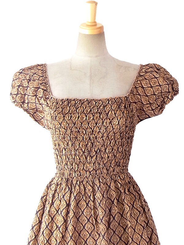 ヨーロッパ古着 フランス買い付け 60年代製 イエロー X ブラウン オリエンタル柄 パフスリーブ シャーリング ワンピース 16FC216