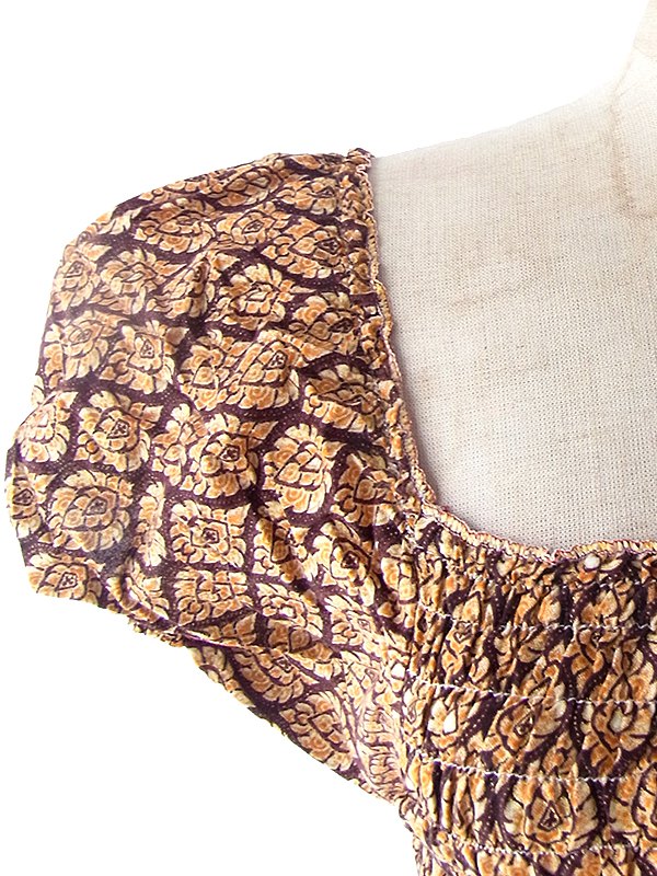 ヨーロッパ古着 フランス買い付け 60年代製 イエロー X ブラウン オリエンタル柄 パフスリーブ シャーリング ワンピース 16FC216