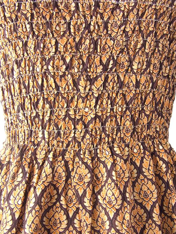 ヨーロッパ古着 フランス買い付け 60年代製 イエロー X ブラウン オリエンタル柄 パフスリーブ シャーリング ワンピース 16FC216