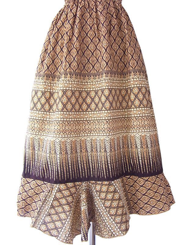 ヨーロッパ古着 フランス買い付け 60年代製 イエロー X ブラウン オリエンタル柄 パフスリーブ シャーリング ワンピース 16FC216