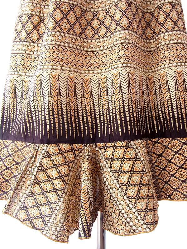 ヨーロッパ古着 フランス買い付け 60年代製 イエロー X ブラウン オリエンタル柄 パフスリーブ シャーリング ワンピース 16FC216