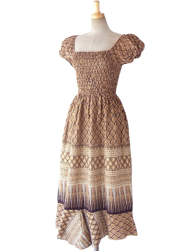 ヨーロッパ古着 フランス買い付け 60年代製 イエロー X ブラウン オリエンタル柄 パフスリーブ シャーリング ワンピース 16FC216