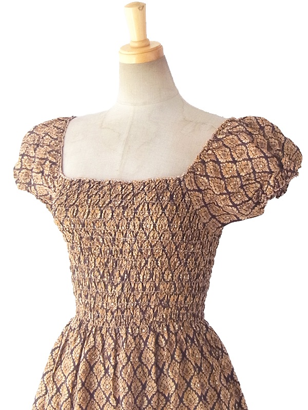 ヨーロッパ古着 フランス買い付け 60年代製 イエロー X ブラウン オリエンタル柄 パフスリーブ シャーリング ワンピース 16FC216