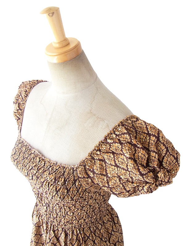 ヨーロッパ古着 フランス買い付け 60年代製 イエロー X ブラウン オリエンタル柄 パフスリーブ シャーリング ワンピース 16FC216