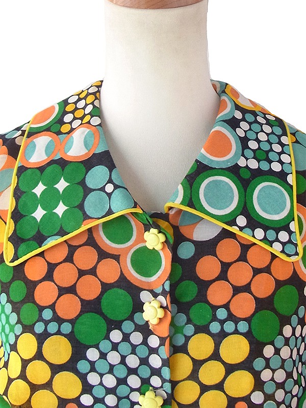 レトロボーダーワンピース 昭和モダン カラフル 虹色 日本製vintage 美品 送料無料】フランス買い付け 60年代製 カラフル水玉 X イエロー