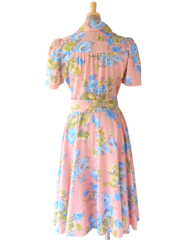 ヨーロッパ古着 50年代フランス製 ピンク X ブルー花柄 共布ベルト付き ヴィンテージ ワンピース 16FC400