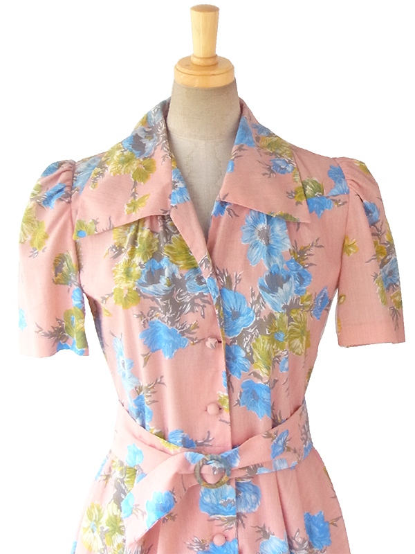 ヨーロッパ古着 50年代フランス製 ピンク X ブルー花柄 共布ベルト付き ヴィンテージ ワンピース 16FC400