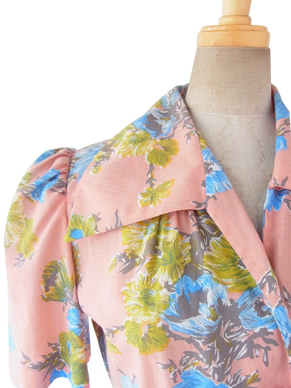 ヨーロッパ古着 50年代フランス製 ピンク X ブルー花柄 共布ベルト付き ヴィンテージ ワンピース 16FC400