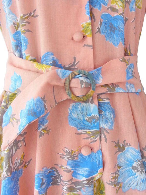 ヨーロッパ古着 50年代フランス製 ピンク X ブルー花柄 共布ベルト付き ヴィンテージ ワンピース 16FC400