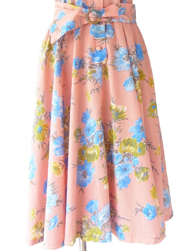 ヨーロッパ古着 50年代フランス製 ピンク X ブルー花柄 共布ベルト付き ヴィンテージ ワンピース 16FC400