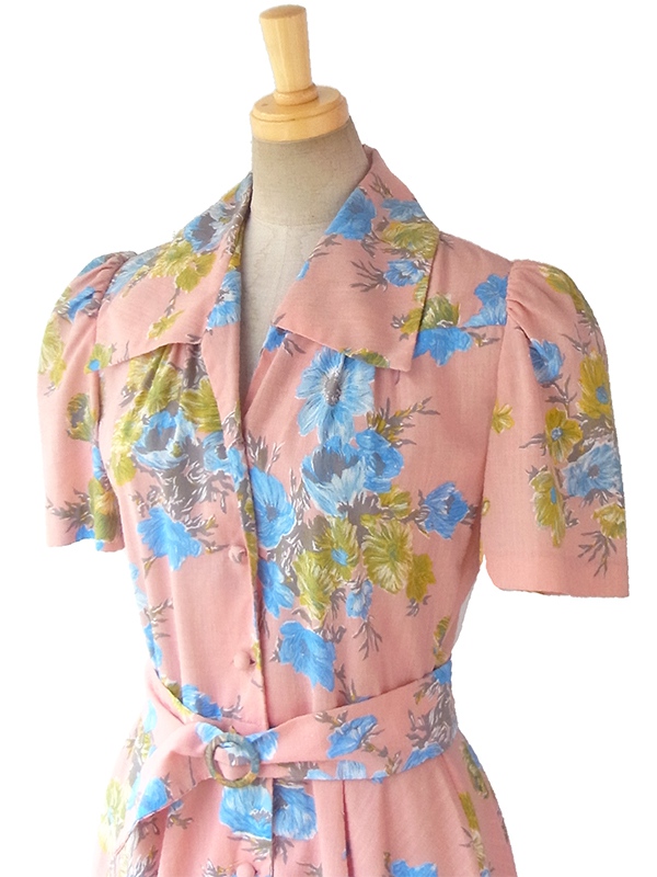 ヨーロッパ古着 50年代フランス製 ピンク X ブルー花柄 共布ベルト付き ヴィンテージ ワンピース 16FC400