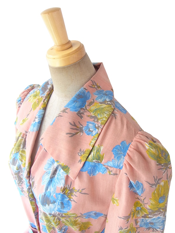 ヨーロッパ古着 50年代フランス製 ピンク X ブルー花柄 共布ベルト付き ヴィンテージ ワンピース 16FC400