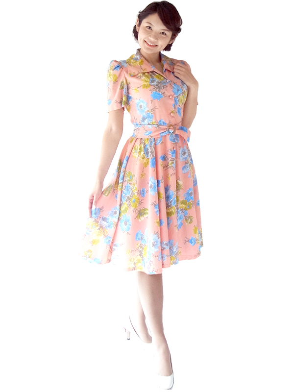 ヨーロッパ古着 50年代フランス製 ピンク X ブルー花柄 共布ベルト付き ヴィンテージ ワンピース 16FC400