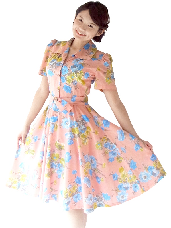 ヨーロッパ古着 50年代フランス製 ピンク X ブルー花柄 共布ベルト付き ヴィンテージ ワンピース 16FC400