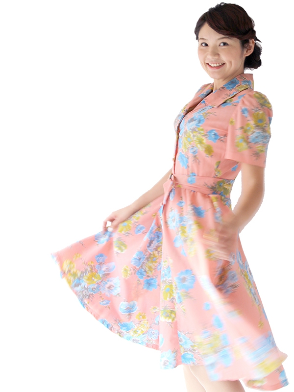 ヨーロッパ古着 50年代フランス製 ピンク X ブルー花柄 共布ベルト付き ヴィンテージ ワンピース 16FC400