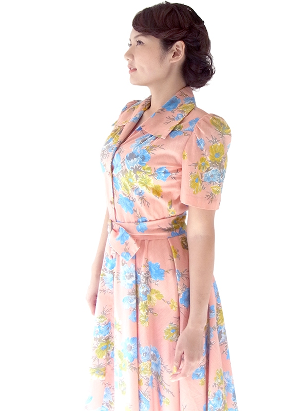 ヨーロッパ古着 50年代フランス製 ピンク X ブルー花柄 共布ベルト付き ヴィンテージ ワンピース 16FC400