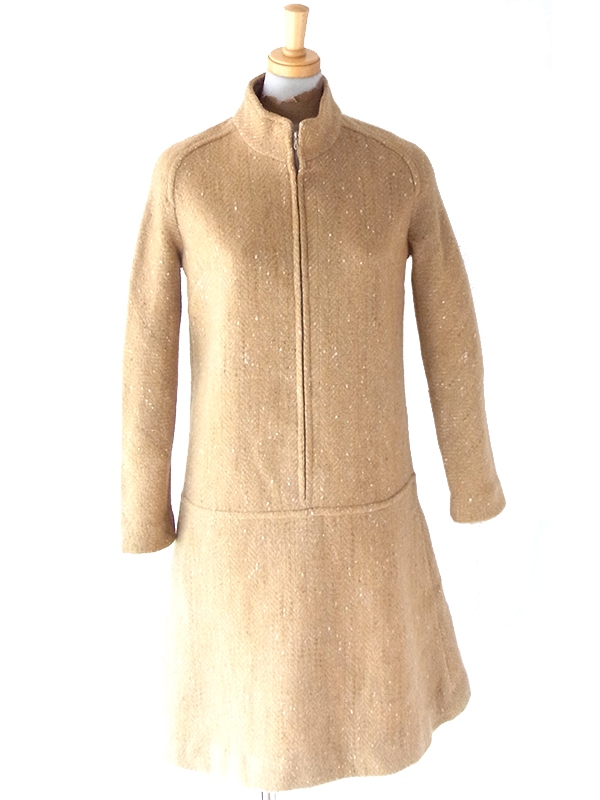 ヨーロッパ古着 60年代フランス製 キャメル X フロントジップ ヴィンテージ ウール ワンピース 16FC417