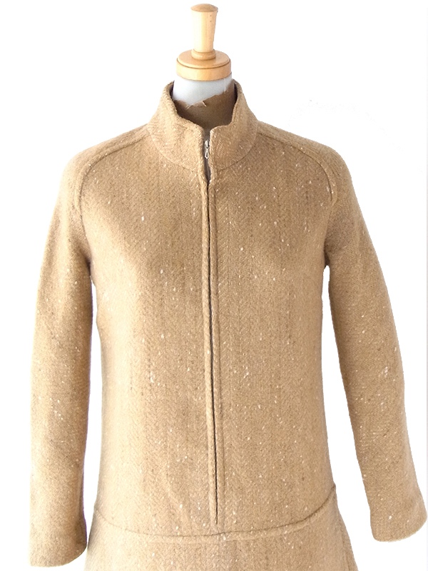 ヨーロッパ古着 60年代フランス製 キャメル X フロントジップ ヴィンテージ ウール ワンピース 16FC417