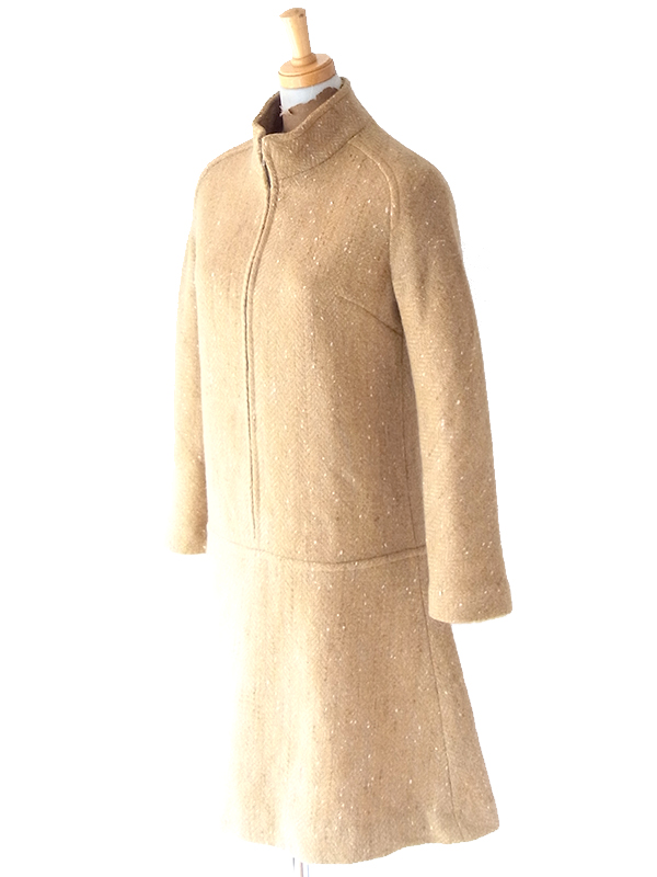 ヨーロッパ古着 60年代フランス製 キャメル X フロントジップ ヴィンテージ ウール ワンピース 16FC417