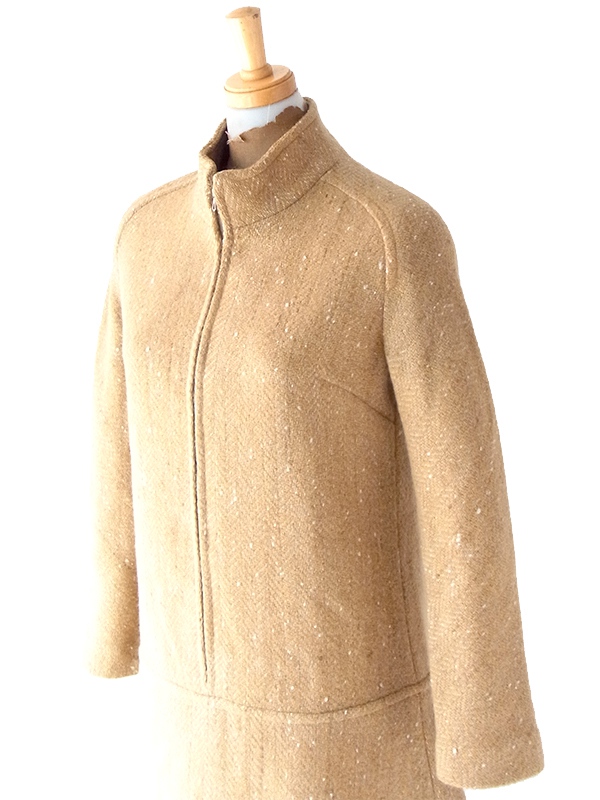 ヨーロッパ古着 60年代フランス製 キャメル X フロントジップ ヴィンテージ ウール ワンピース 16FC417