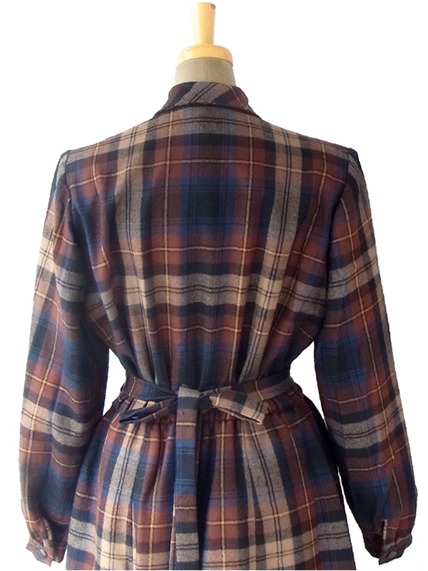 ヨーロッパ古着 フランス買い付け 60年代製 ブラウン X ブルー チェック柄 共布ベルト付き ウール ワンピース 16FC419