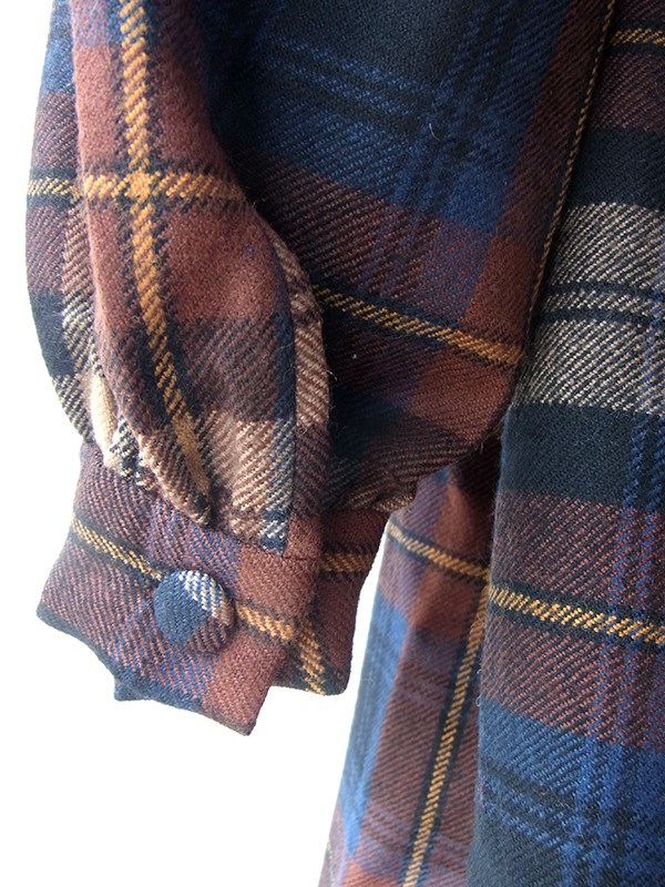 ヨーロッパ古着 フランス買い付け 60年代製 ブラウン X ブルー チェック柄 共布ベルト付き ウール ワンピース 16FC419