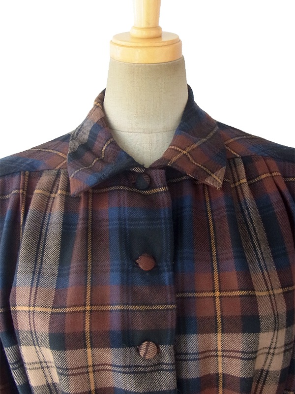 ヨーロッパ古着 フランス買い付け 60年代製 ブラウン X ブルー チェック柄 共布ベルト付き ウール ワンピース 16FC419