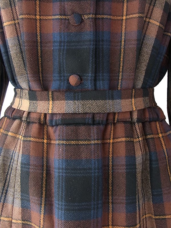 ヨーロッパ古着 フランス買い付け 60年代製 ブラウン X ブルー チェック柄 共布ベルト付き ウール ワンピース 16FC419