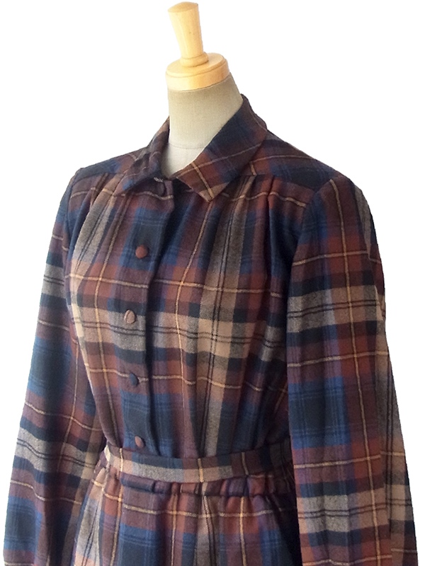 ヨーロッパ古着 フランス買い付け 60年代製 ブラウン X ブルー チェック柄 共布ベルト付き ウール ワンピース 16FC419