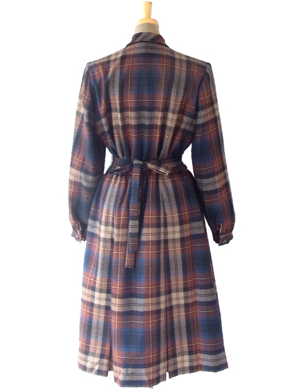 ヨーロッパ古着 フランス買い付け 60年代製 ブラウン X ブルー チェック柄 共布ベルト付き ウール ワンピース 16FC419