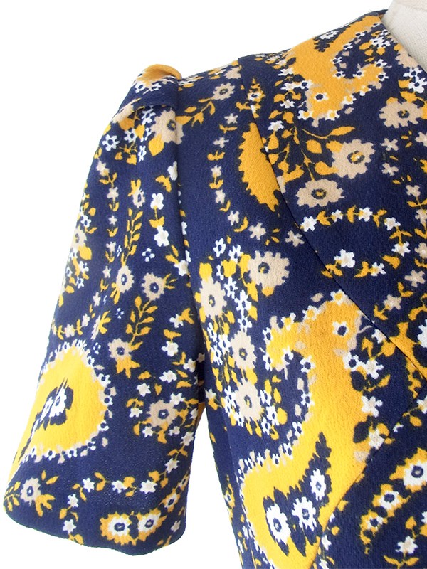 ヨーロッパ古着 フランス買い付け 60年代製 ネイビー X イエロー・ホワイト レトロ花柄 ワンピース 16FC424