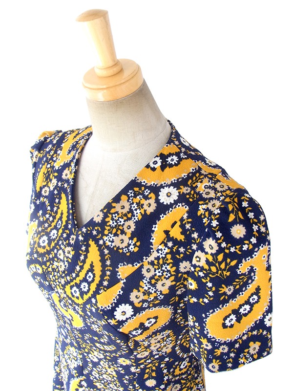 ヨーロッパ古着 フランス買い付け 60年代製 ネイビー X イエロー・ホワイト レトロ花柄 ワンピース 16FC424