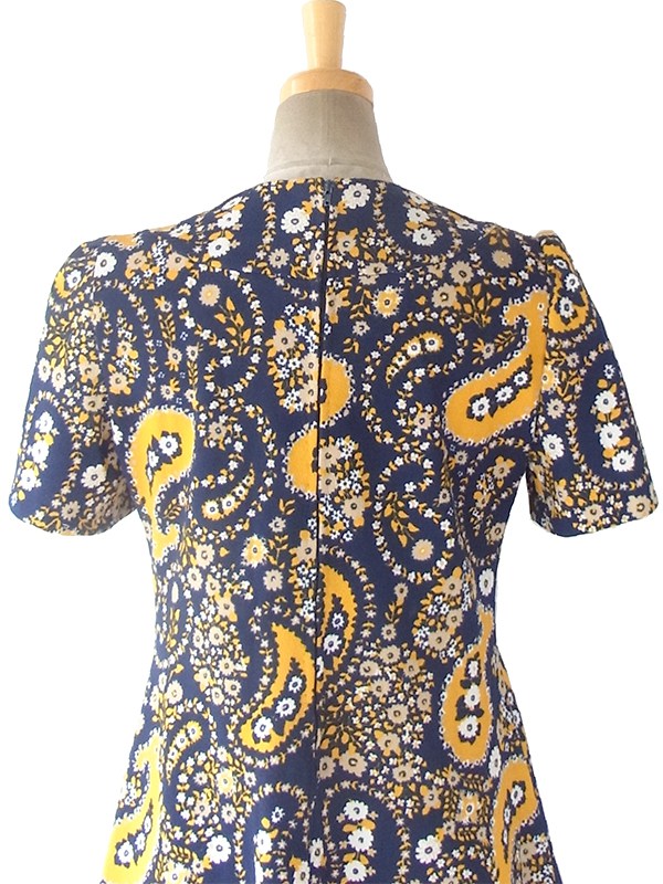 ヨーロッパ古着 フランス買い付け 60年代製 ネイビー X イエロー・ホワイト レトロ花柄 ワンピース 16FC424