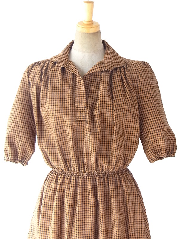ヨーロッパ古着 フランス買い付け 60年代製 ダークオレンジ X ブラック チェック柄 パフスリーブ ワンピース 16FC505