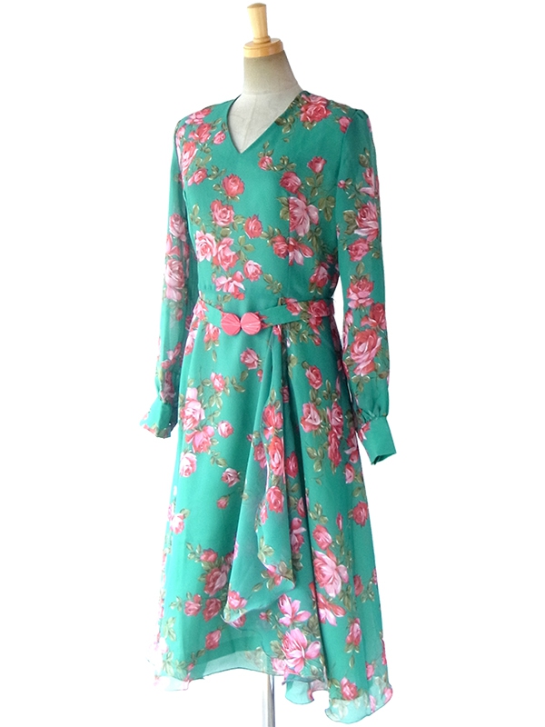 ヨーロッパ古着 フランス製 グリーン X 薔薇プリント カスケードスカート 共布ベルト付き シフォン ドレス 16FC507