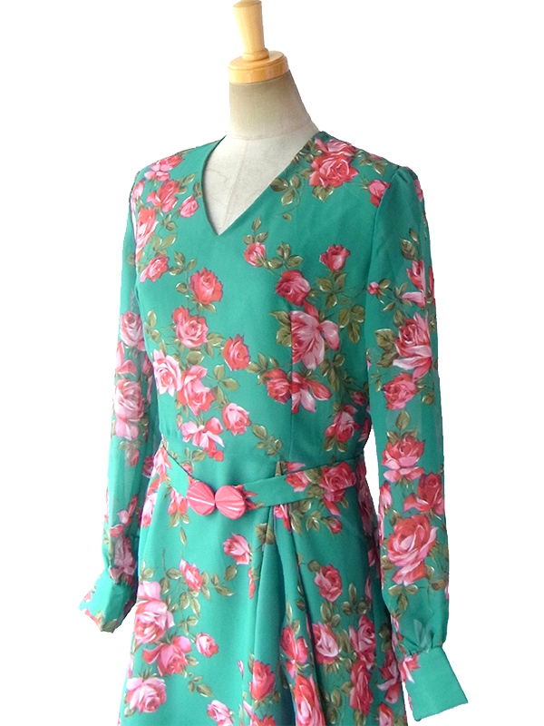 ヨーロッパ古着 フランス製 グリーン X 薔薇プリント カスケードスカート 共布ベルト付き シフォン ドレス 16FC507
