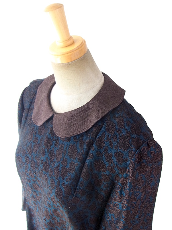 ヨーロッパ古着 フランス買い付け 60年代製 ダークブルー X ブロンズ 花柄ダマスク織り ヴィンテージ ドレス 16FC509