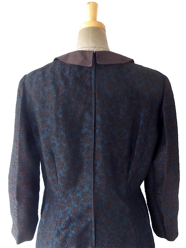 ヨーロッパ古着 フランス買い付け 60年代製 ダークブルー X ブロンズ 花柄ダマスク織り ヴィンテージ ドレス 16FC509
